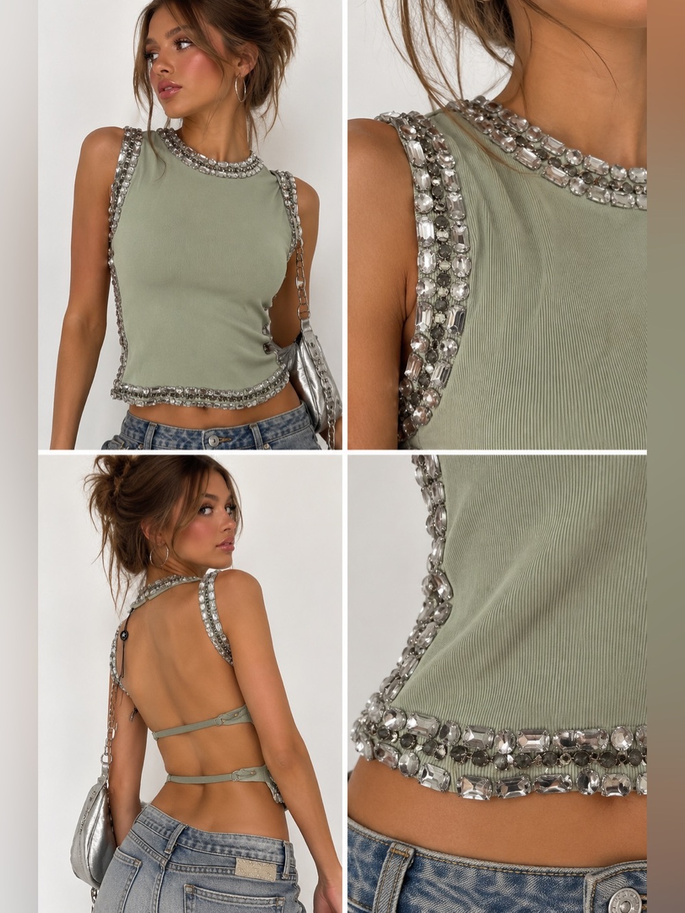Glam Sexy Backless Embellished Sage Green Ribbed Tank Top - Brand: Balboa